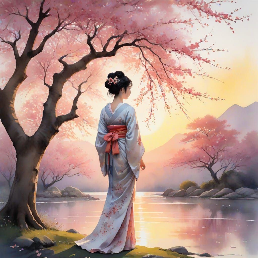Surreal Watercolor Painting of a Serene Japanese Geisha