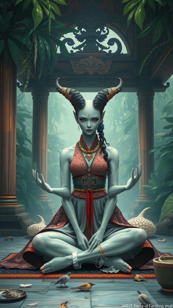 Whimsical Asian Alien Goddess in Ancient Jungle Temple