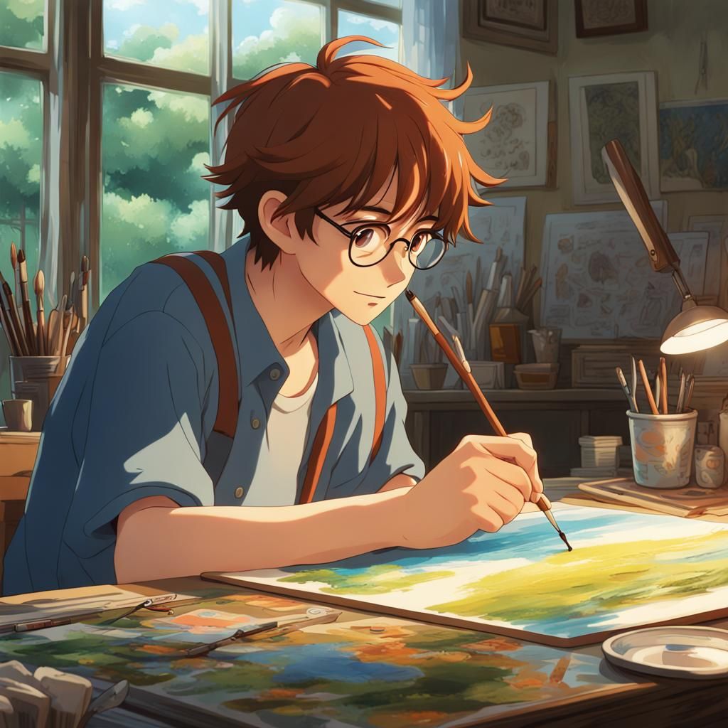 Auburn-haired Teen Painting: Studio Ghibli Anime Art