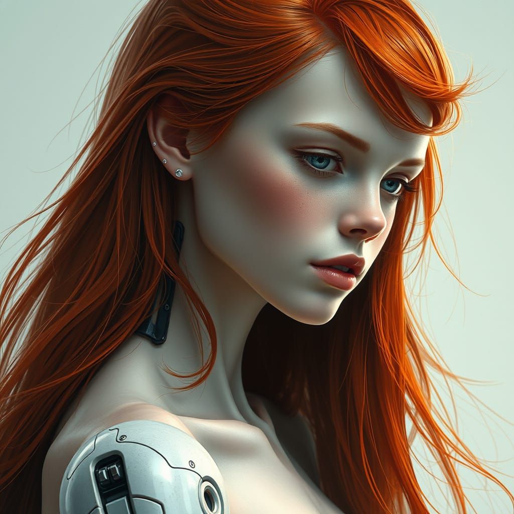 Cyborg Goddess with Fiery Red Locks in Epic Digital Portrait
