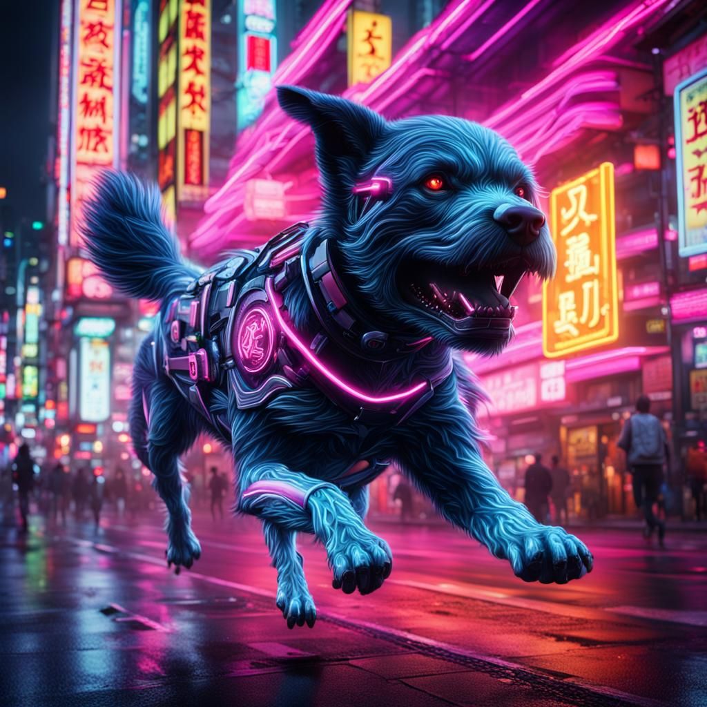 Neon Dog Runs in Tokyo: Digital Matte Painting
