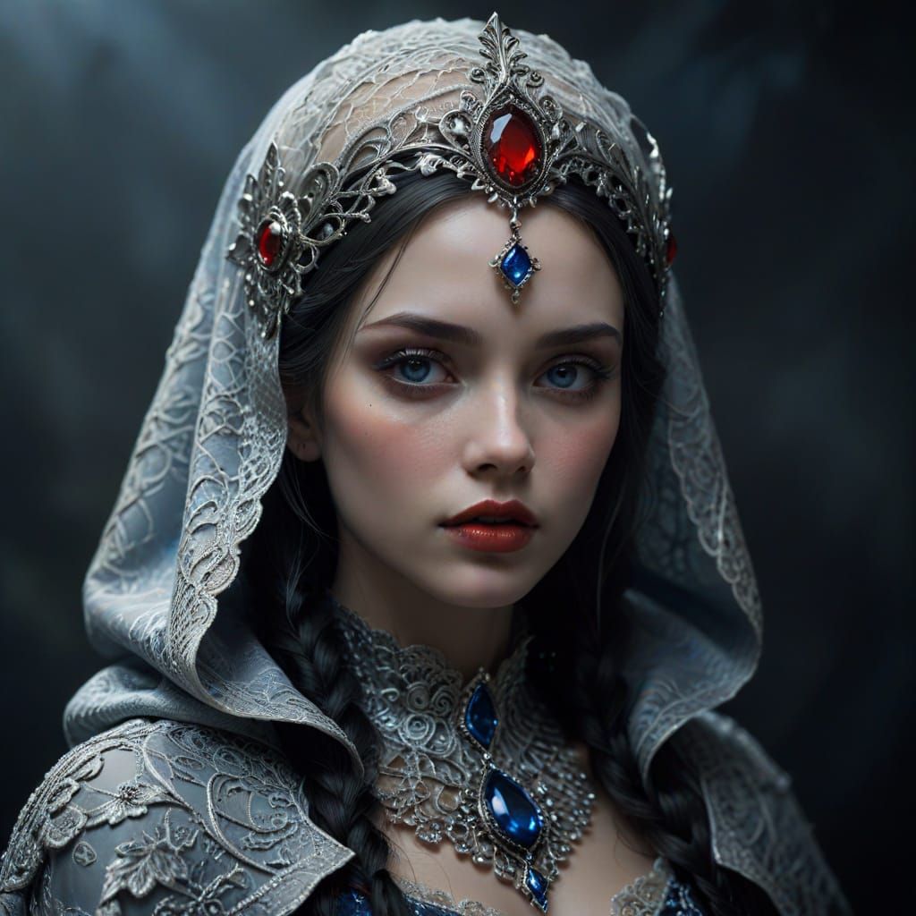 Regal Gothic Fantasy Portrait in Elegant Silver and Lace