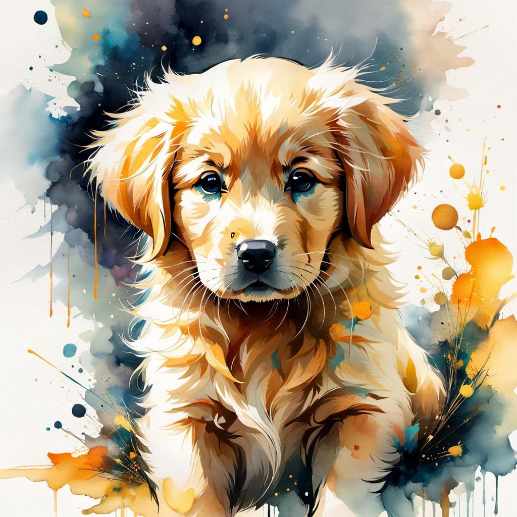 Cute Golden Retriever Puppy: Watercolor Manga Illustration