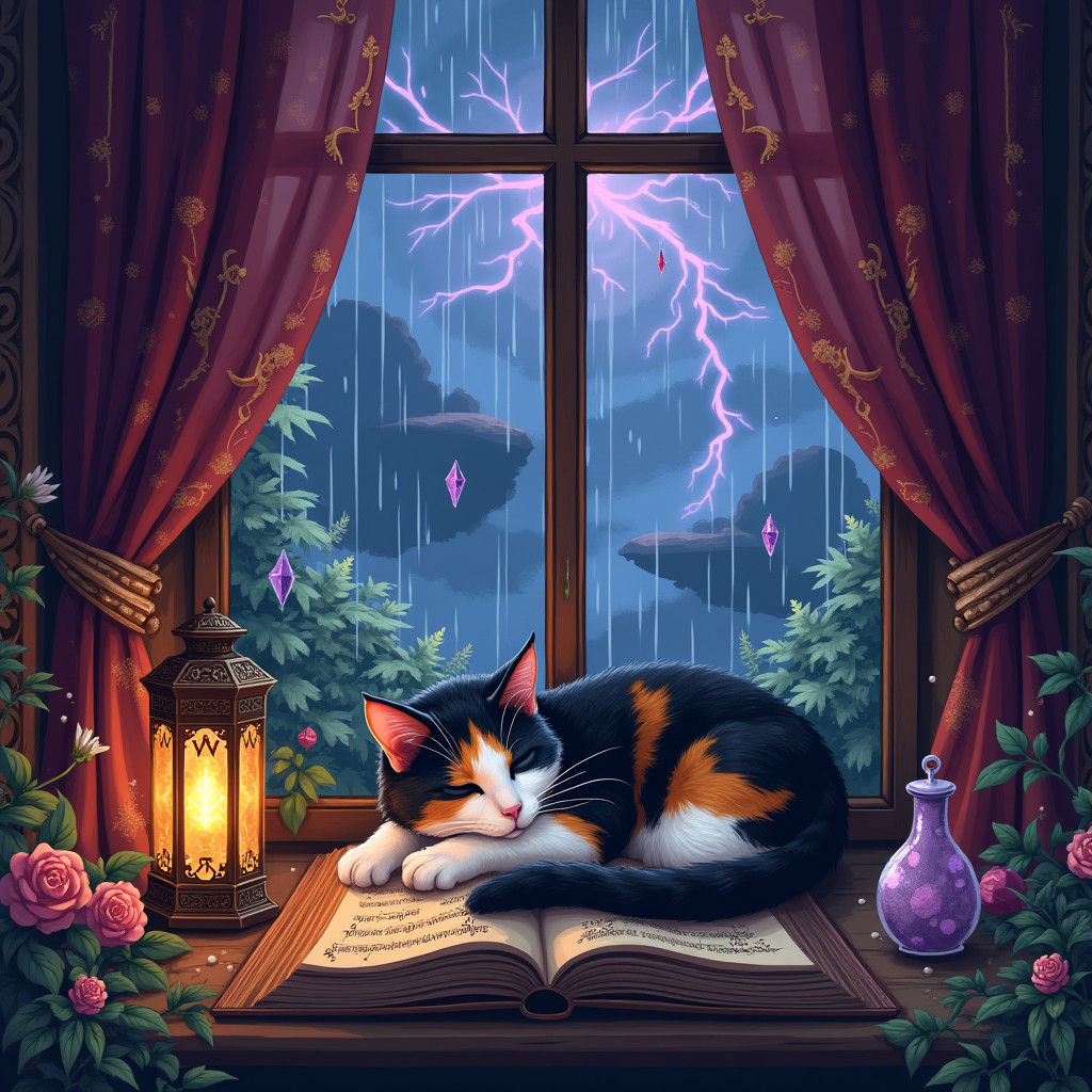 Calico Cat in Mystical Library: 8-bit Pixel Art
