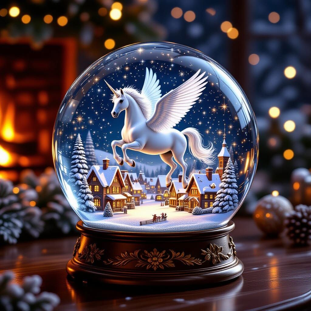 Pegasus Soars Over Whimsical Christmas Town Snowglobe