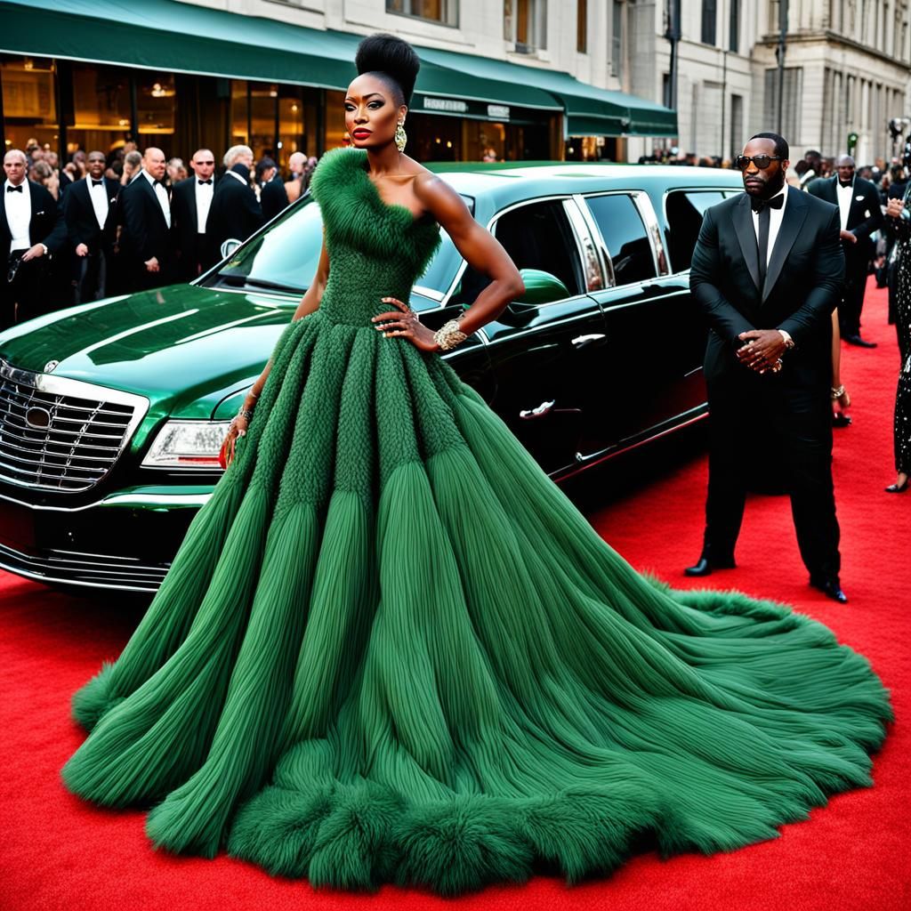 Black Woman in Green Gown on Red Carpet