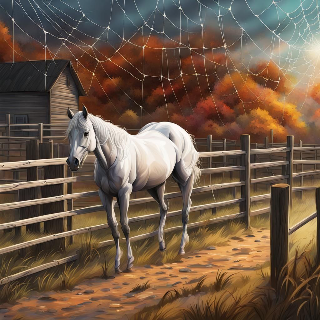 Hyperrealistic Horse Farm Fence with Spiderweb