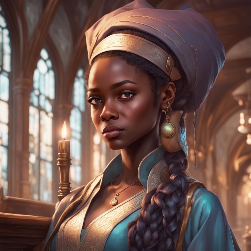 Young Black Girl as Elf College Wizard, Detailed Art