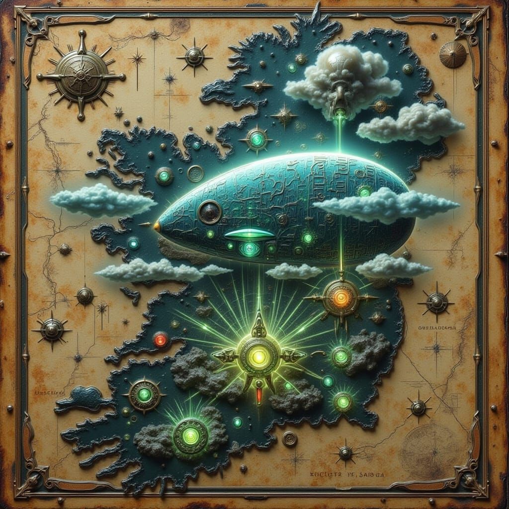 Ireland Map Double Exposure with Alien Airship
