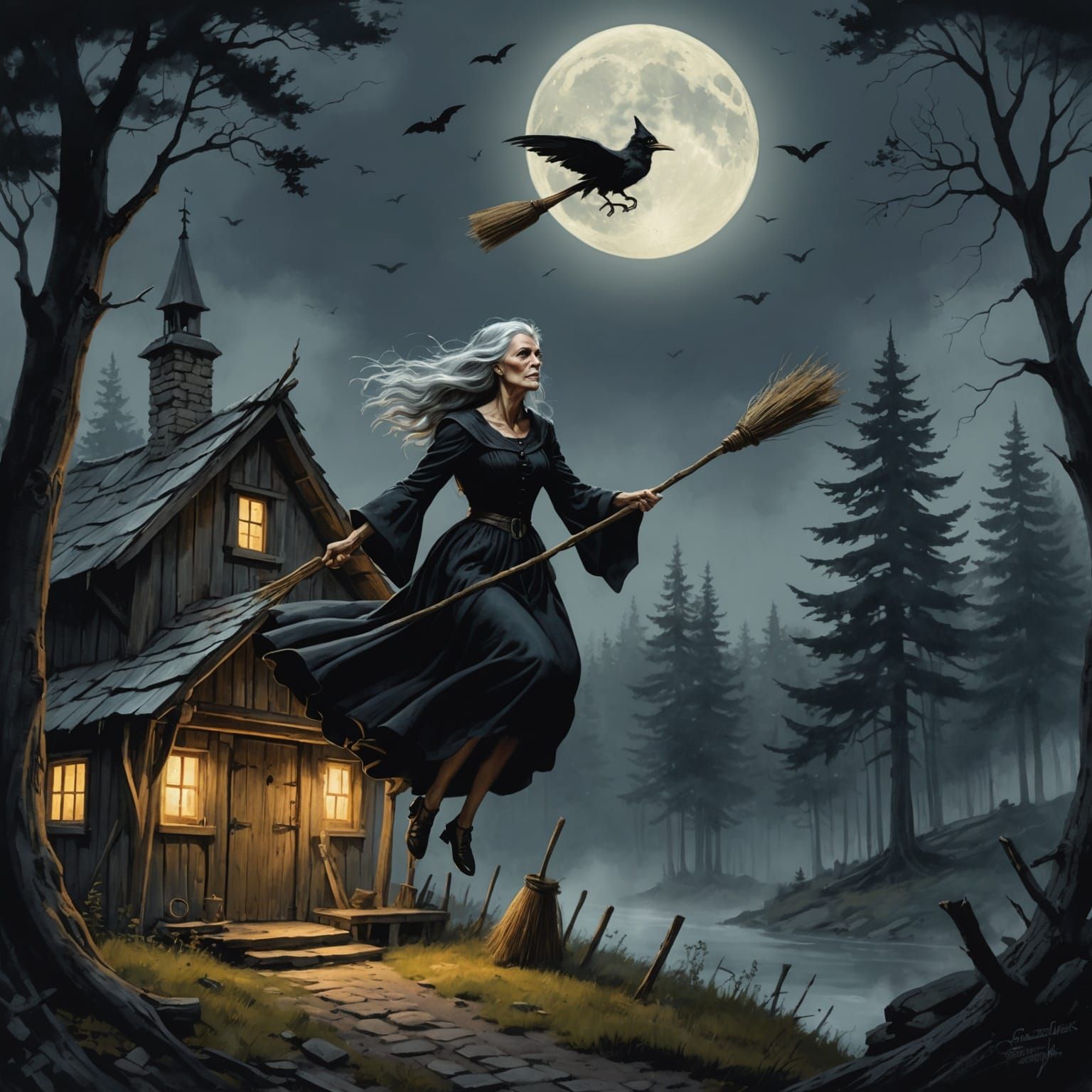 Witch Flying Over Forest Hut in Magic Realism Style