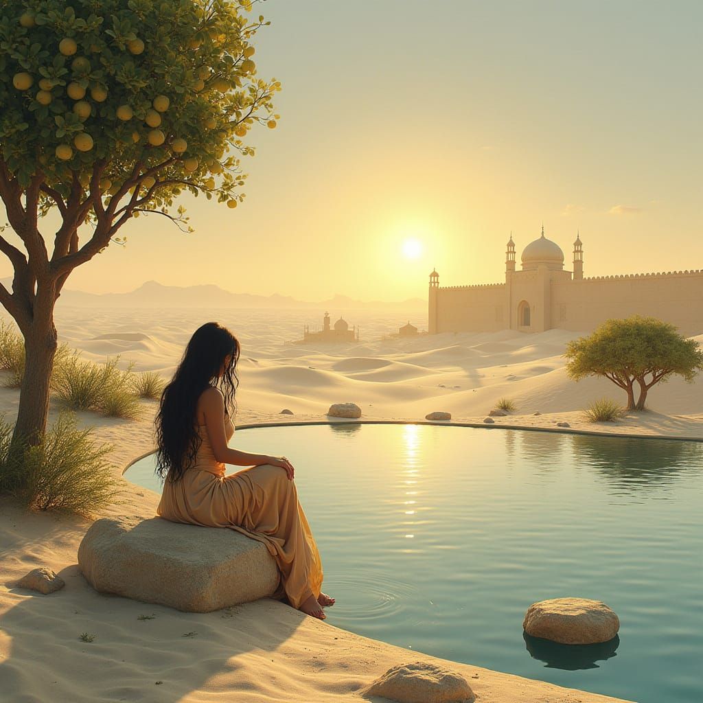 Desert Serenity: Woman by Pool at Dawn