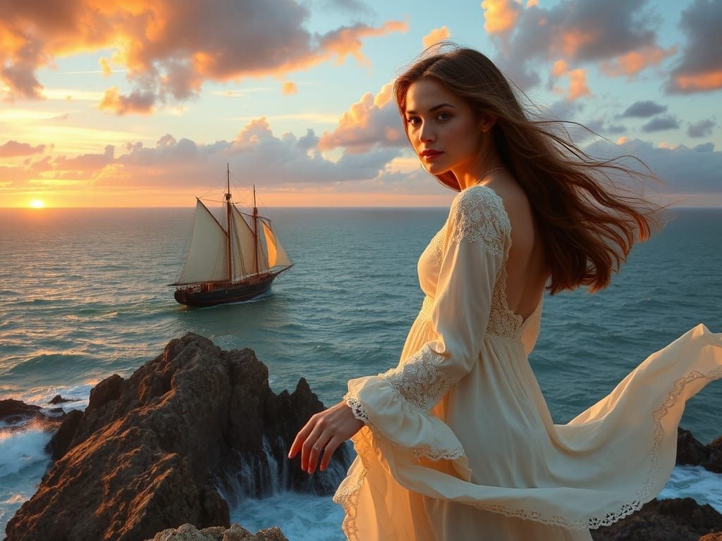 A Maiden's Enchanting Presence Beckons Sailors on a Sunset C...