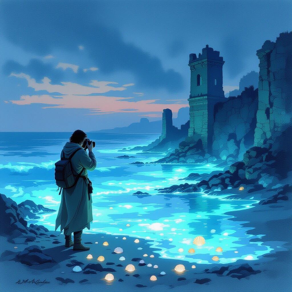 Bioluminescent Shoreline: Dreamlike Watercolor Landscape