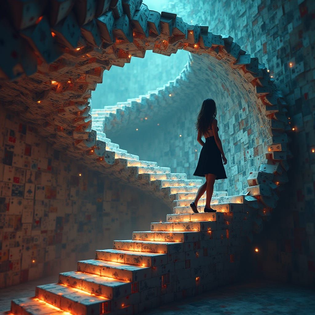 Woman Ascending Card Staircase in Escher Style