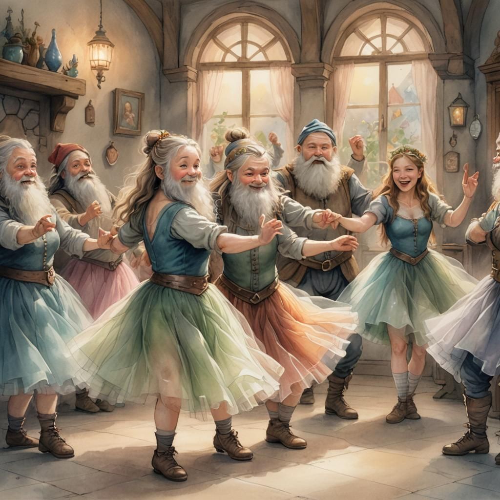 Dwarves' Ballet: Pastel and Watercolour Whimsy