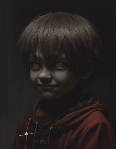Sinister Boy with Voltage Eyes in Dark Room