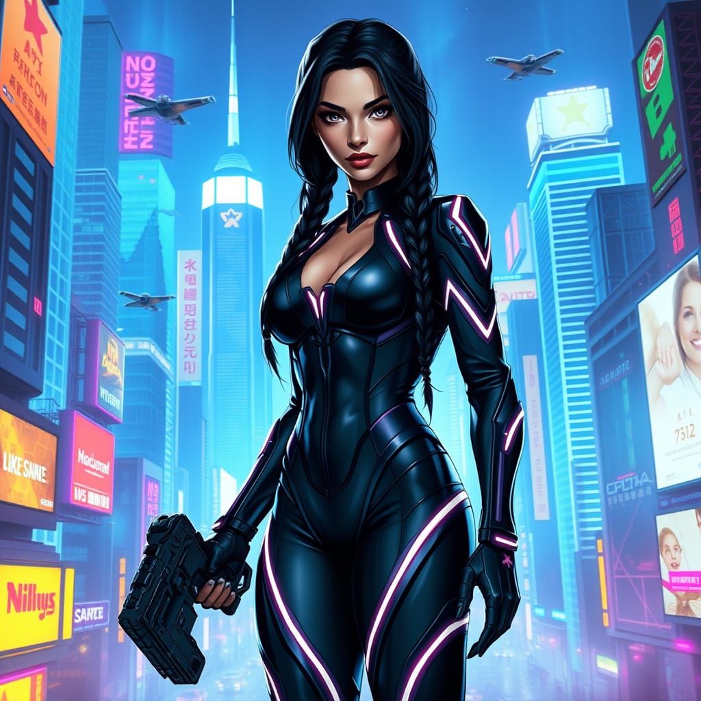 Cyberpunk Woman in Futuristic Cityscape with Neon Lights