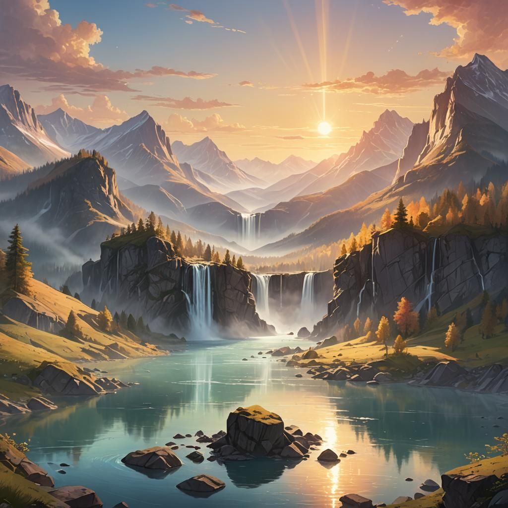 Panoramic Mountain Sunrise with Waterfalls