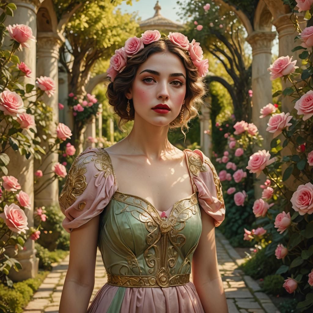 Greek Woman in Rose Garden, Art Nouveau Style