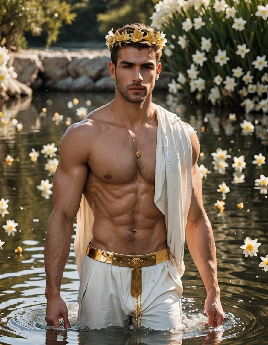 Greek God with Narcissus Flowers, Digital Art