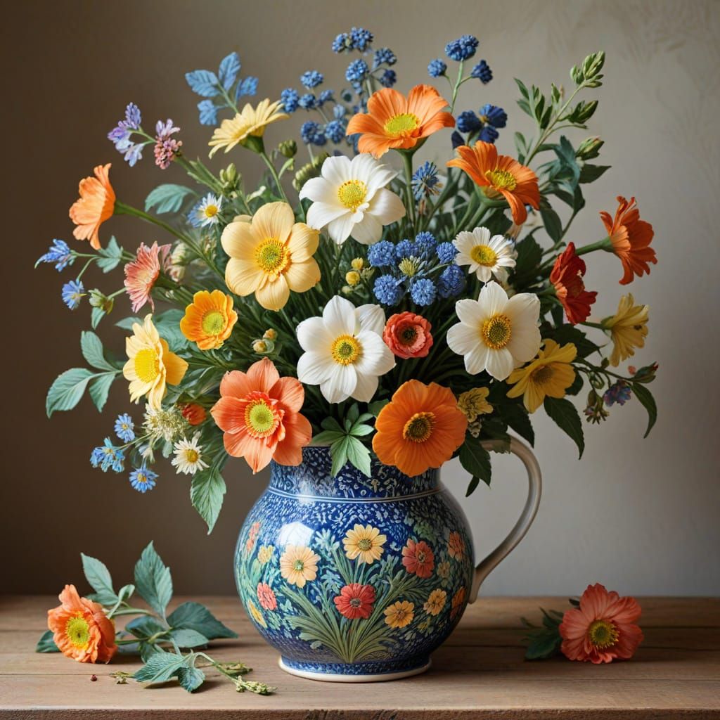 Vintage Floral Still Life in a Classic Pitcher