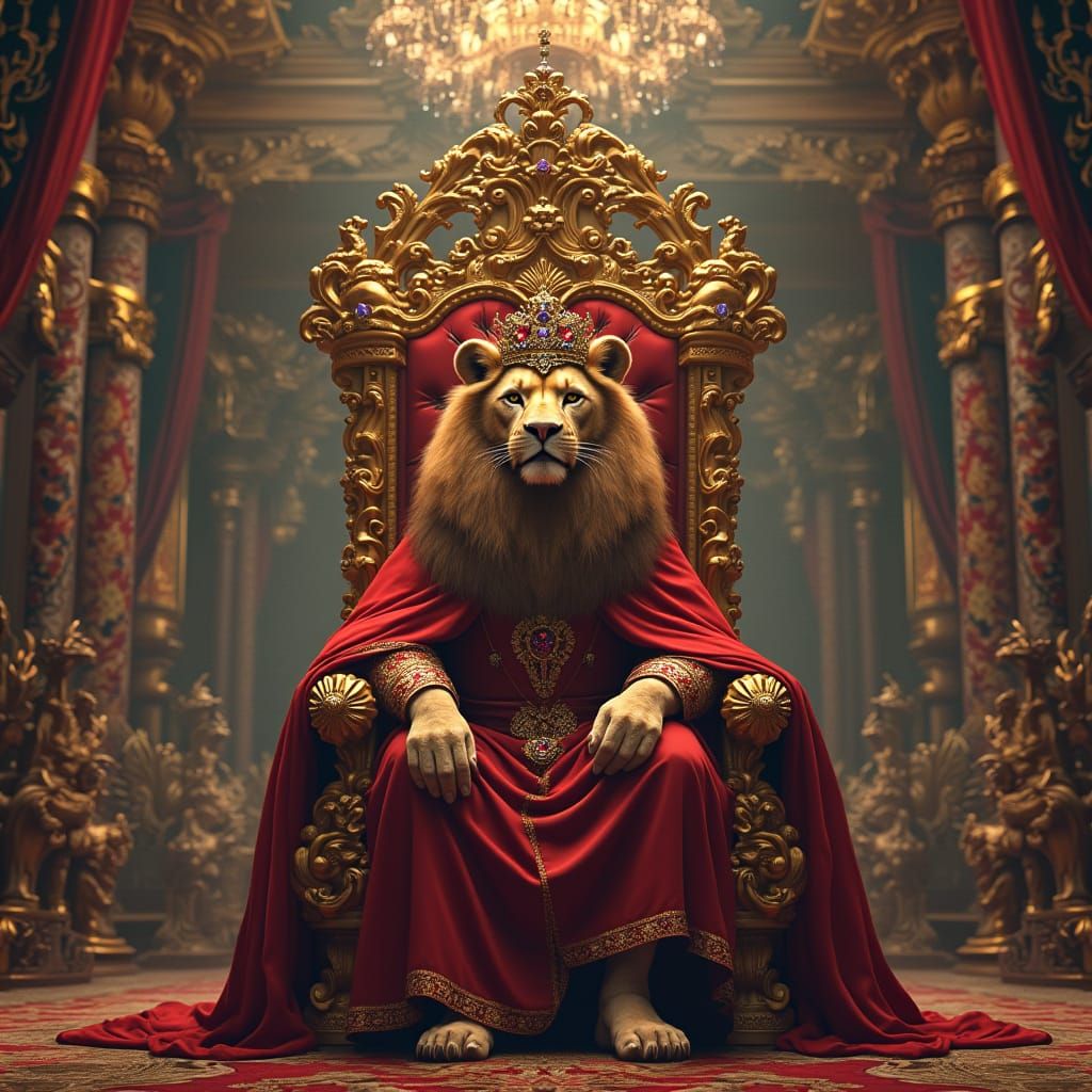 Crowned Lion on Baroque Throne in Grand Hall