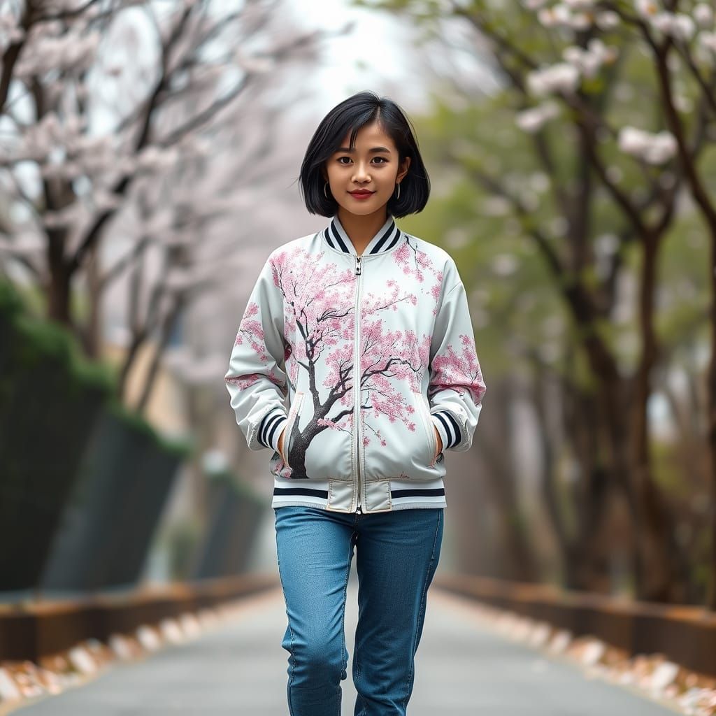 Woman in Sakura Jacket Walking in White Sneakers