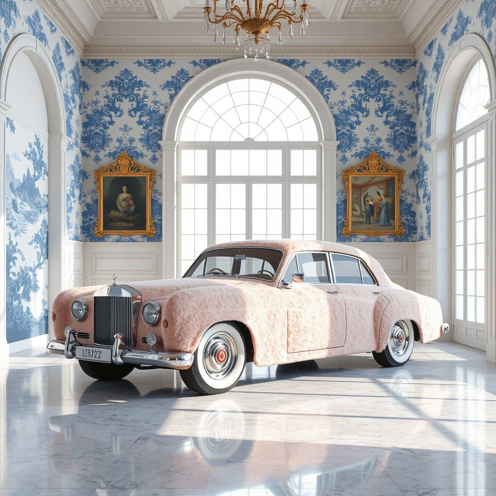 Pink Faux Fur Luxury Car in Chinoiserie Baroque Room