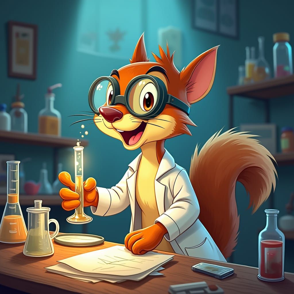 Cartoon Squirrel Mad Scientist Experiment in Animated Style