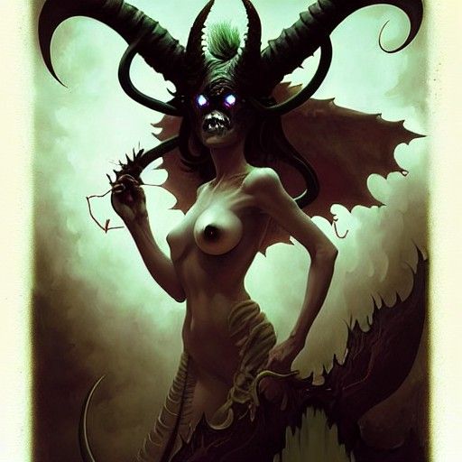 Demoness Portrait with Twisted Horns and Glowing Eyes