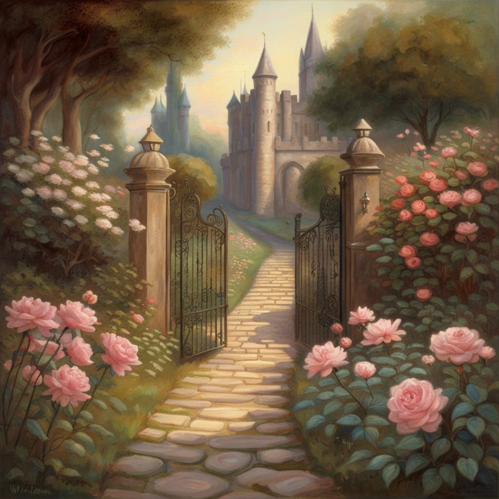 Fantasy Garden Path to Castle in Waterhouse Style