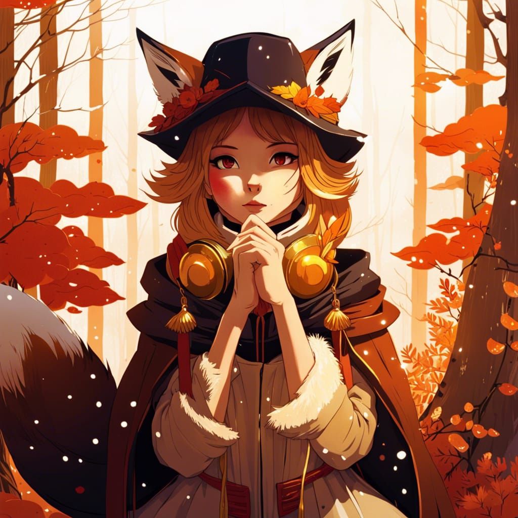 Anime Golden Fox Woman in Winter