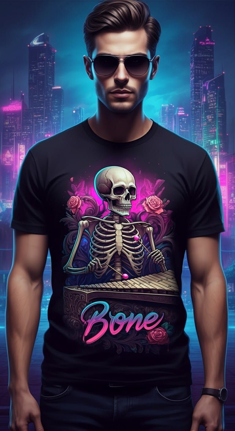Xylophone Skeleton on T-Shirt in Cyberpunk Cityscape