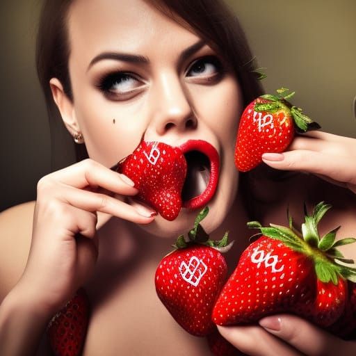 Woman Bites Strawberry in Hyperrealistic Close-Up