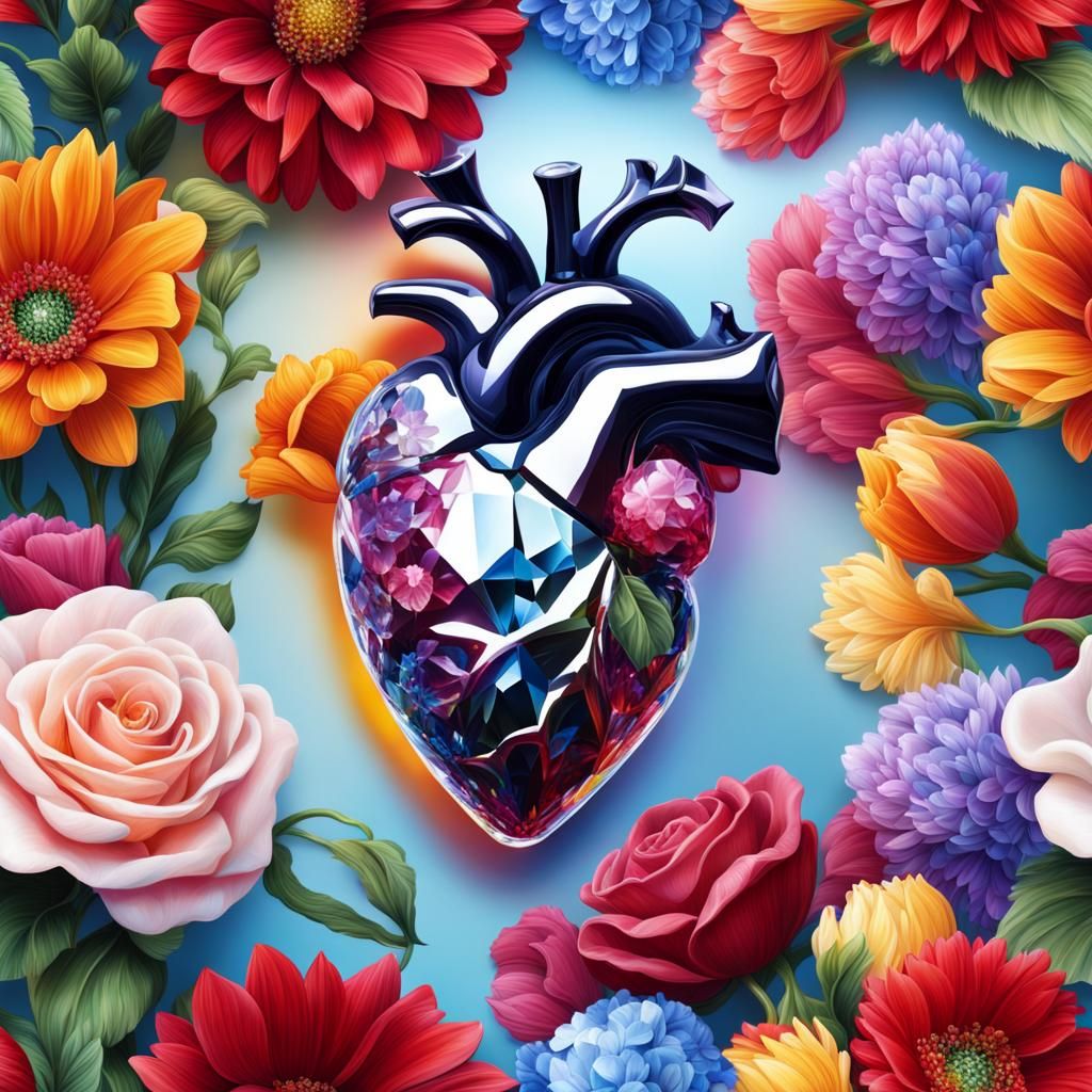 Crystal Heart Surrounded by Colorful Flowers