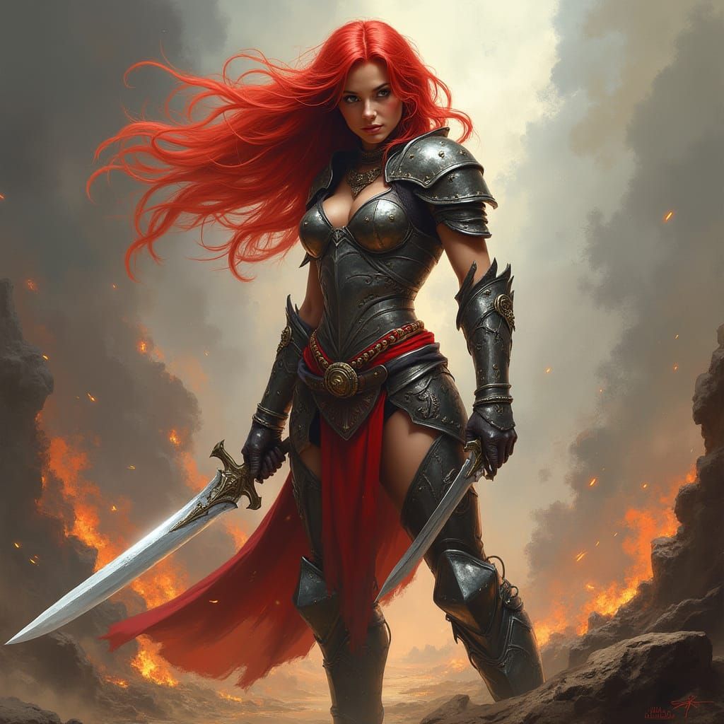 Red-Haired Warrior in Red Armor on Battlefield