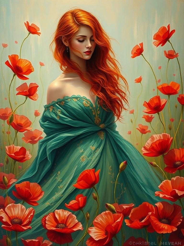 Woman in Emerald Gown Surrounded by Poppies