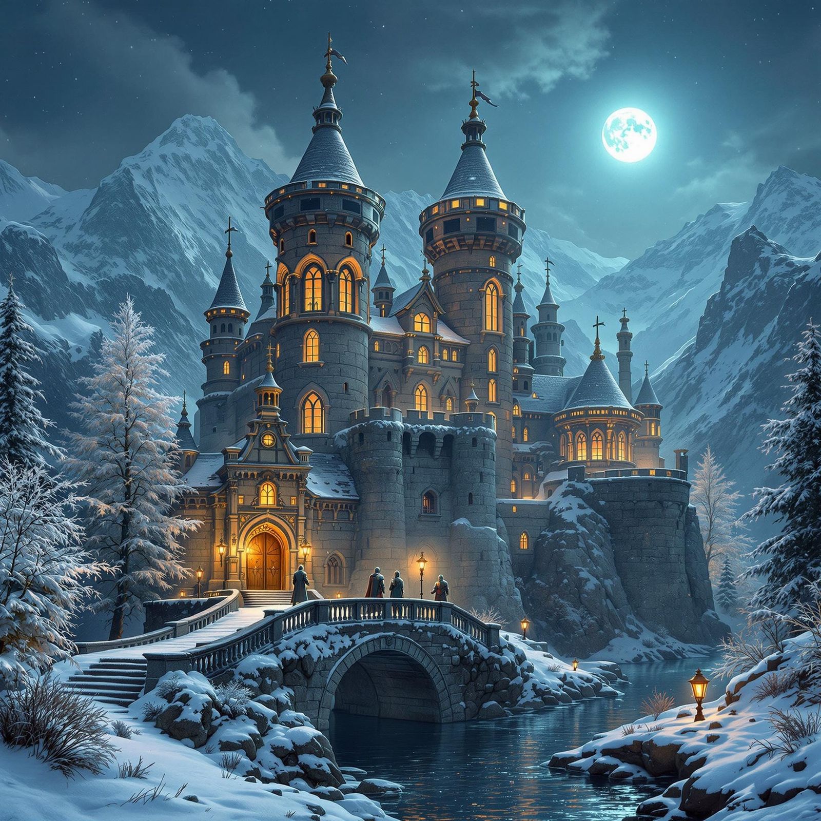 Enchanted Winter Castle in Snowy Mountains
