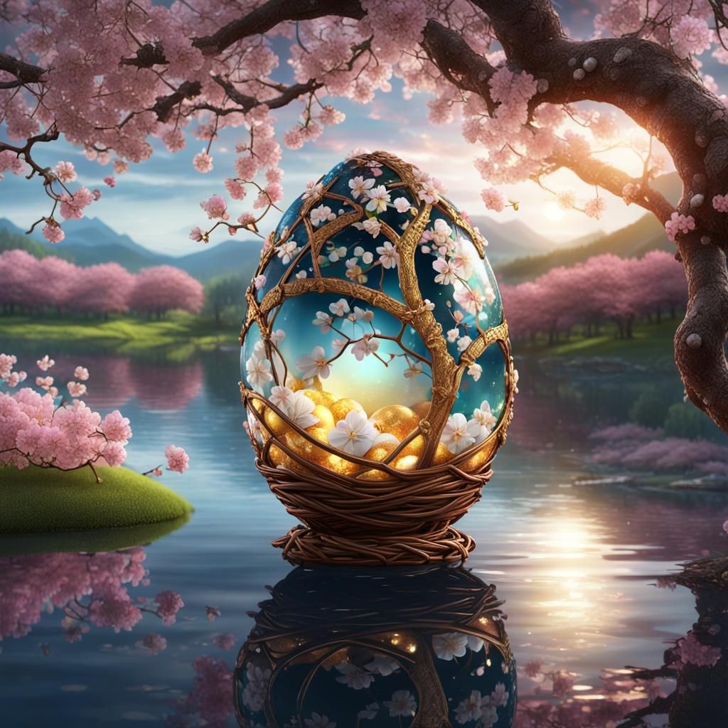 Magical Glass Egg in Cherry Blossom Tree