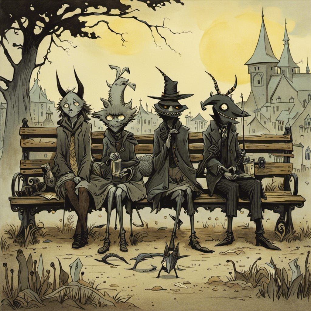 Monsters Relaxing on Park Bench in Gothic Style