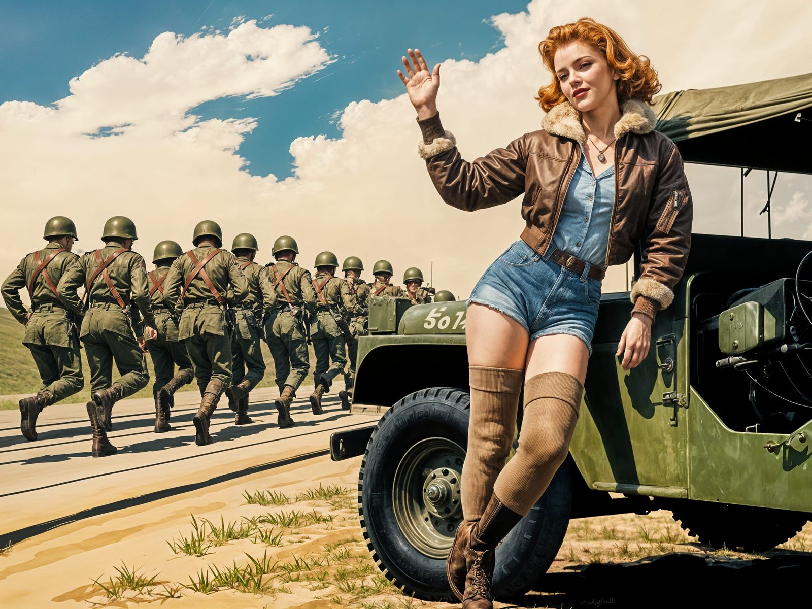 Vintage Pop Art Dreamscape with Ginger-Haired Model and Mili...