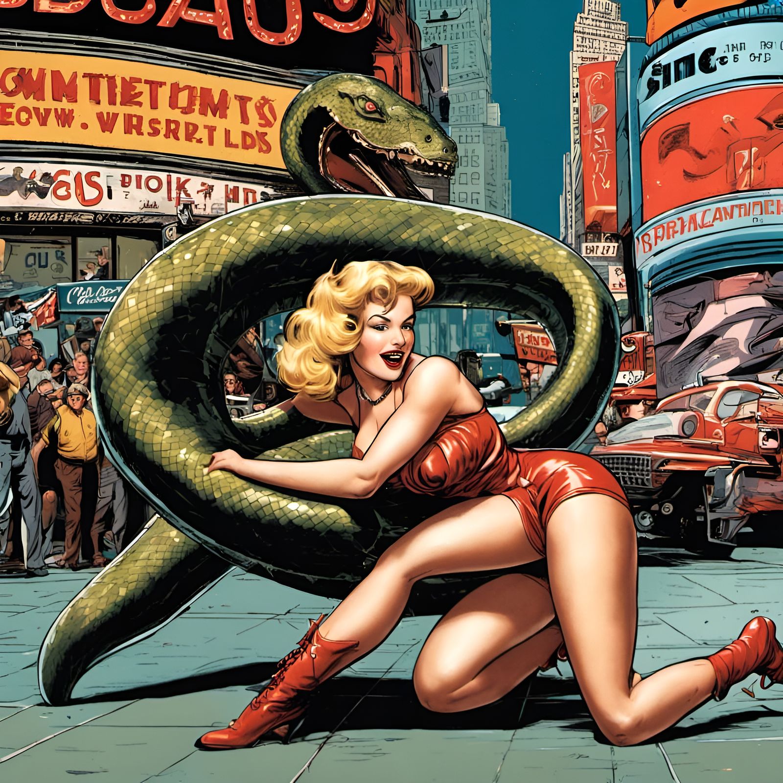 1950s Pinup Wrestles Snake in Times Square