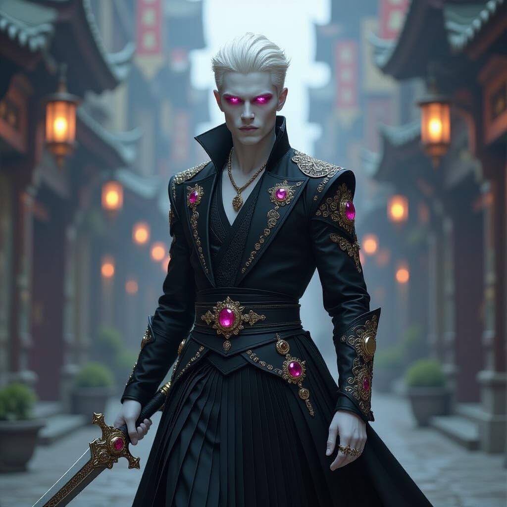 Albino in City Maze with Dagger: Dark Fantasy Art