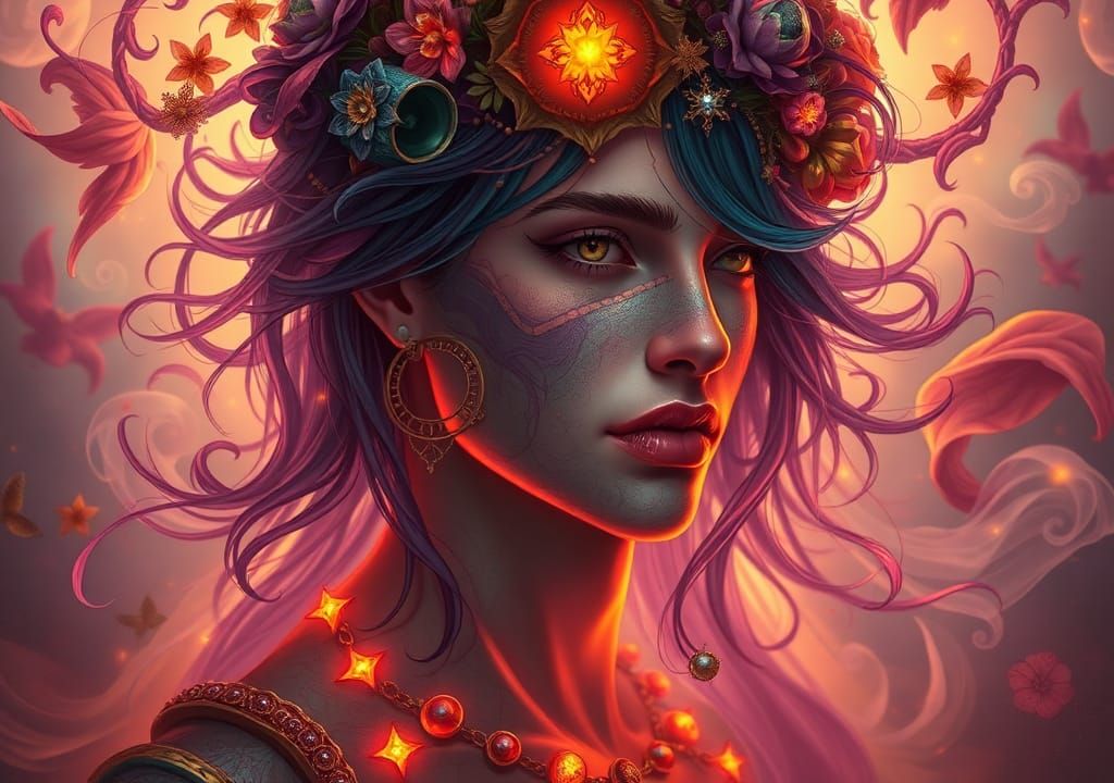 Ethereal Bacchanal Portrait in Flowing Art Nouveau Style