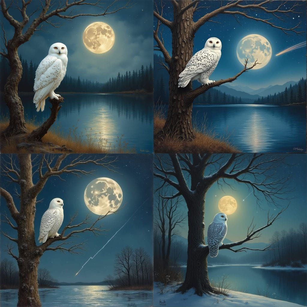 Snowy Owl Perched at Night, Oil Painting