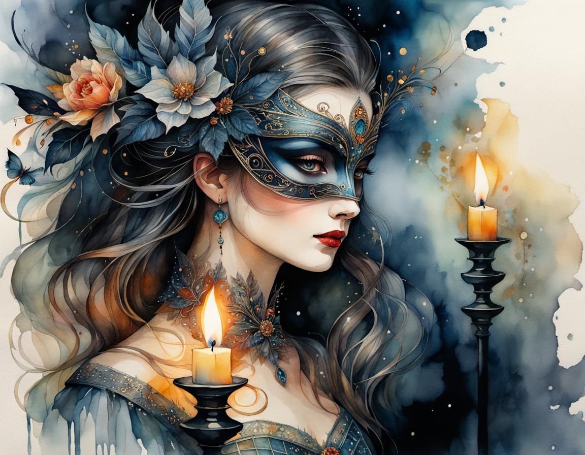 Magical Masquerade Ball in Dark Ballroom Illustration