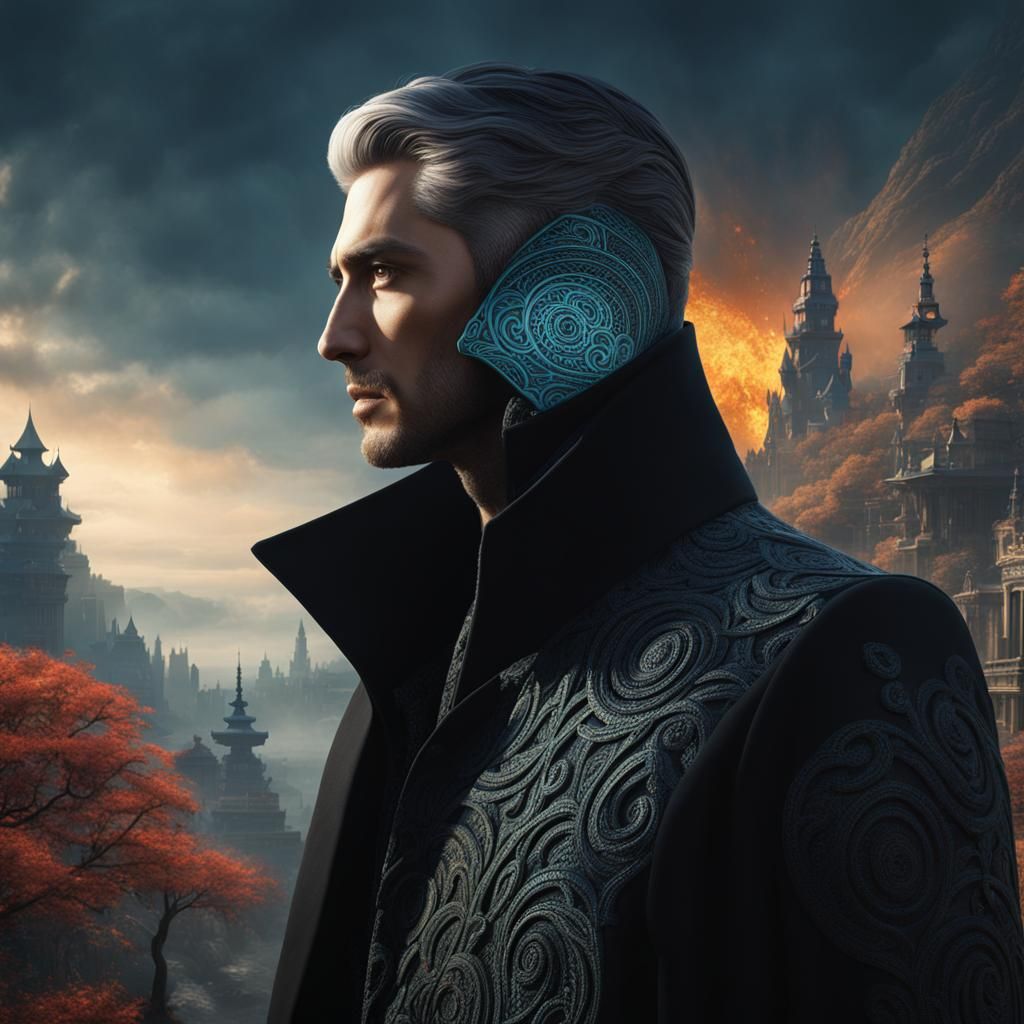 Figure in Black Coat with Shifting Pattern Head