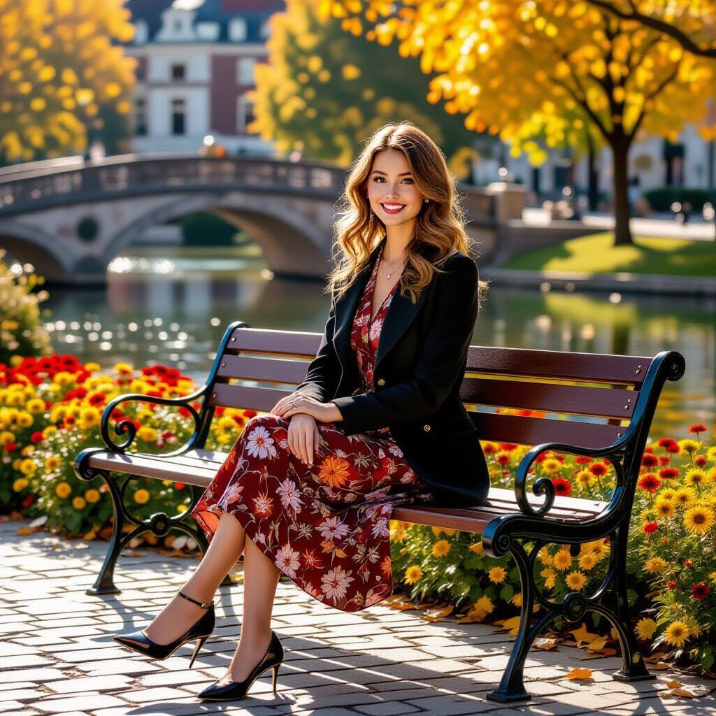 Autumn Serenity: Girl by Pond with Stone Bridge