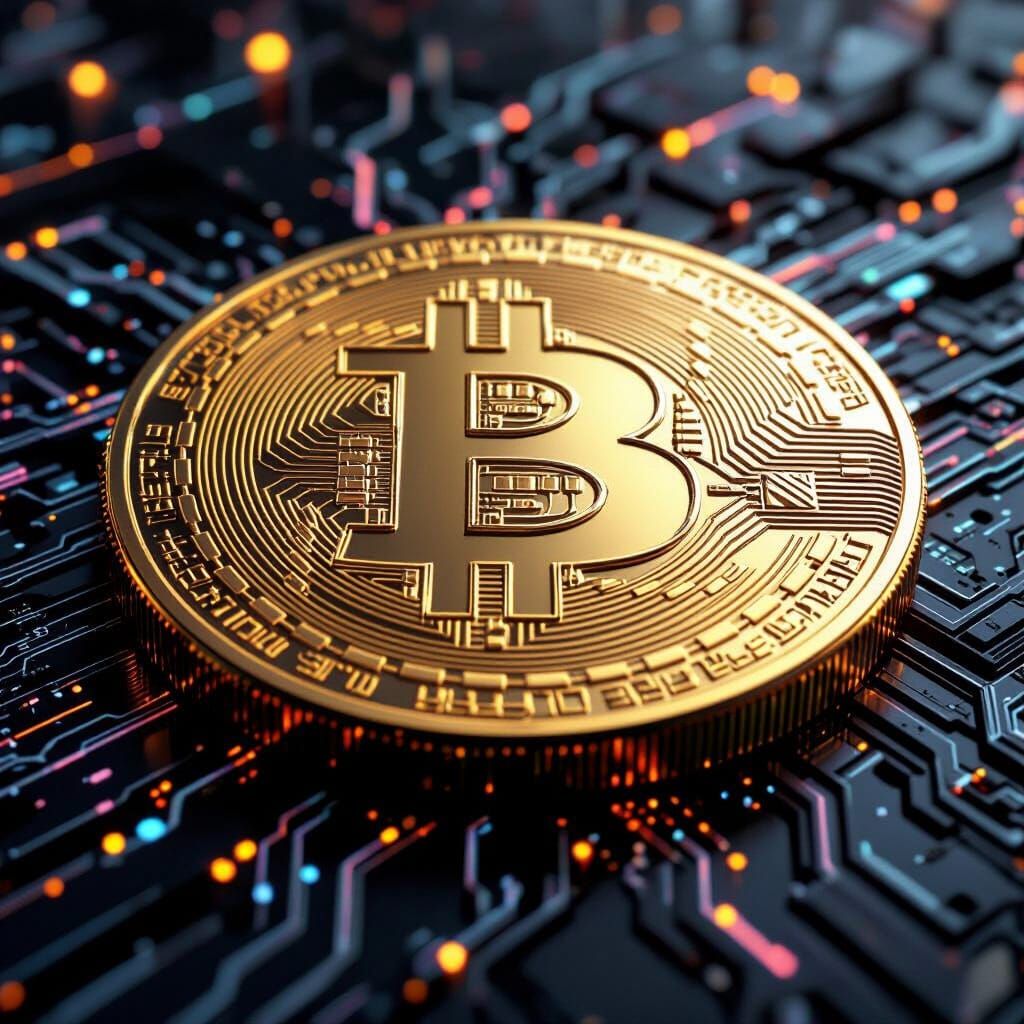 Bitcoin Gold Coin on Intricate Tech Background