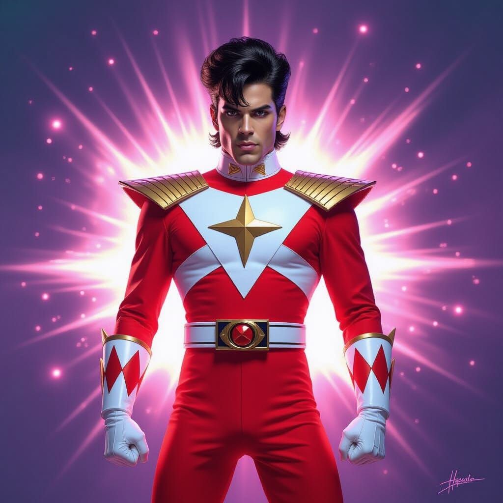 Prince in Red Power Ranger Suit on Cosmic Background